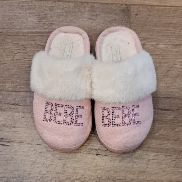 Bebe Pink and White Plush Slippers with Rhinestone Embellishments - Picture 1 of 4